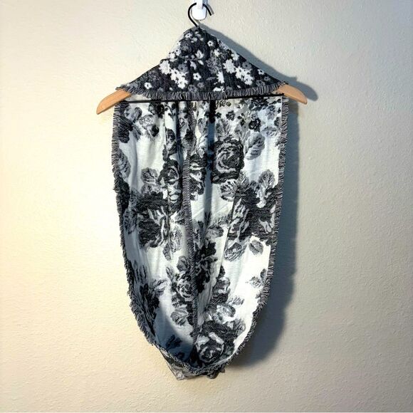 Infinity Scarf Chic Black Gray White Floral Fringe. - Picture 2 of 10